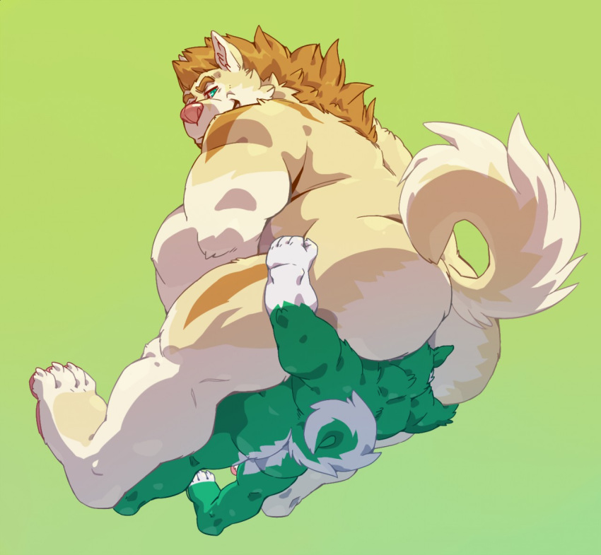 anthro back_tuft biceps big_butt butt canine dog duo eyebrows facesitting fur green_fur husky malamute male male/male mammal muscular simple_background size_difference smile taoren thigh_grab triceps