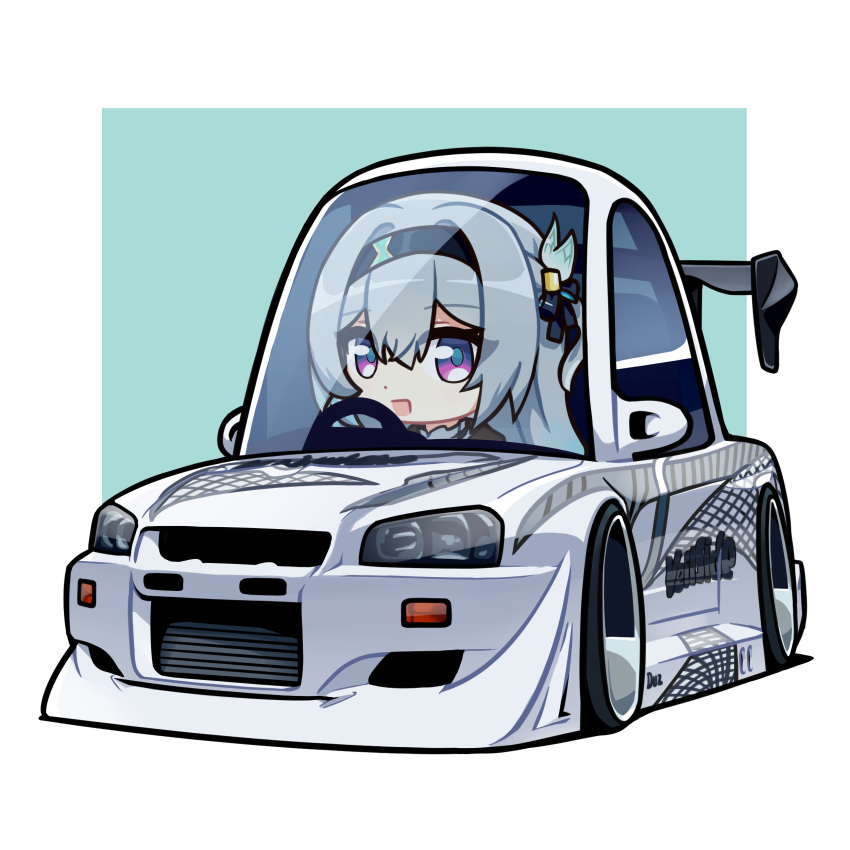 1girl absurdres aqua_background black_hairband border car chibi duz english_commentary firefly_(honkai:_star_rail) hair_intakes hairband highres honkai:_star_rail honkai_(series) long_hair motor_vehicle nissan nissan_skyline nissan_skyline_gt-r nissan_skyline_r34 purple_eyes shadow smile solo spoiler_(automobile) sports_car stance_(vehicle) vehicle_focus white_border