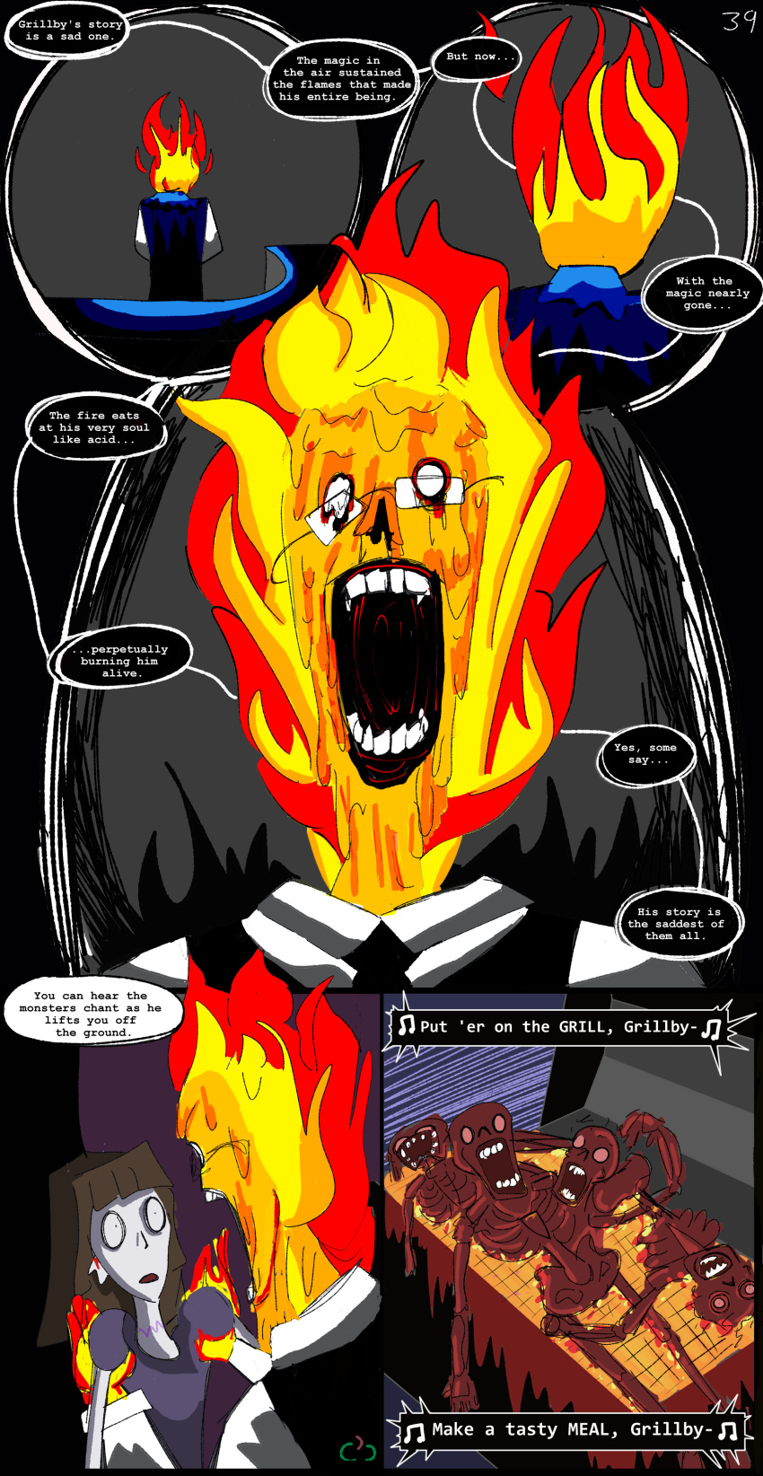 absurd_res aliza_(horrortale) alternate_universe bone brown_hair clothed clothing comic dialogue elemental_creature elemental_humanoid english_text eyewear female female_human fire fire_creature fire_humanoid glasses grillby grillby_(horrortale) hair hi_res horrortale human humanoid male mammal musical_note not_furry open_mouth skeleton sour-apple-studios speech_bubble teeth text undertale undertale_(series) white_body