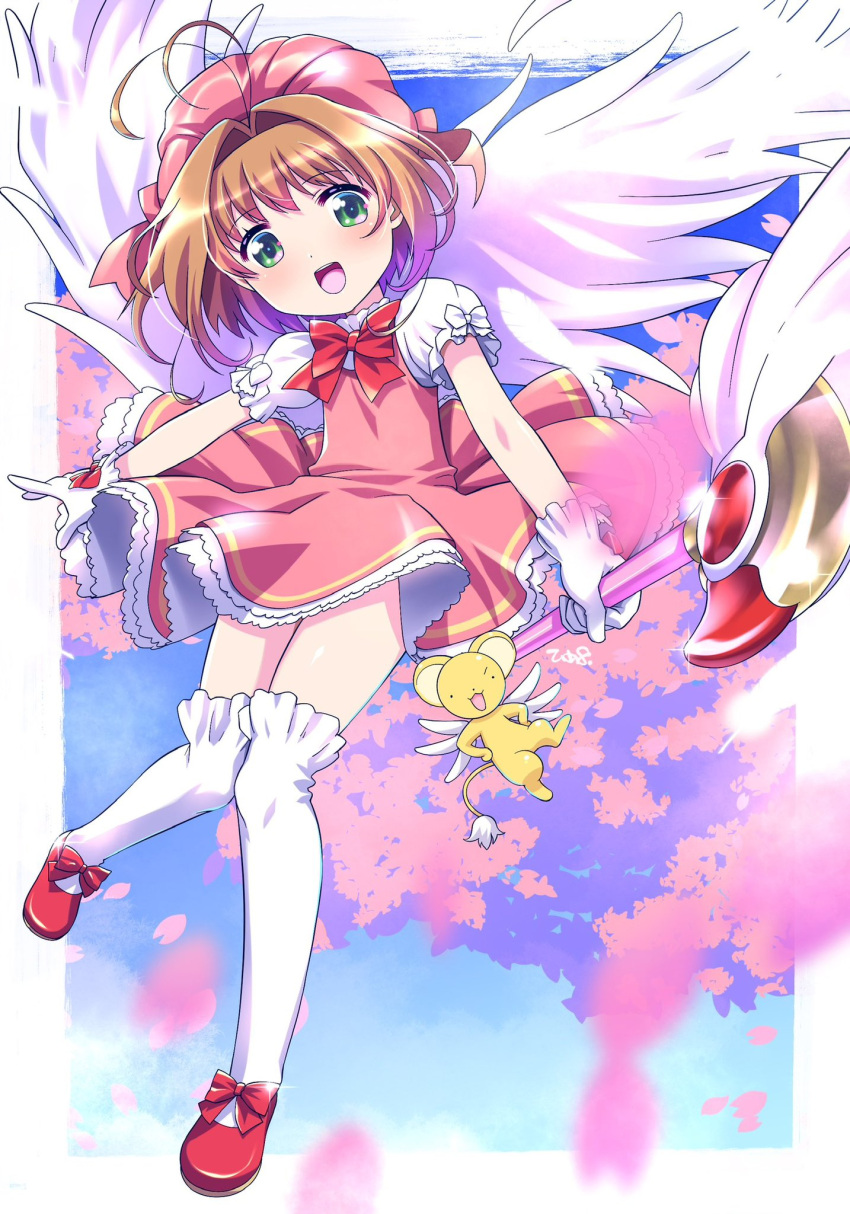 1girl blush brown_hair cardcaptor_sakura cherry_blossoms dress full_body gloves green_eyes highres himehachi_(hime8manga) holding holding_wand kero_(cardcaptor_sakura) kinomoto_sakura magical_girl open_mouth petals pink_dress pink_hat short_hair smile solo thighhighs wand white_gloves white_thighhighs white_wings wings