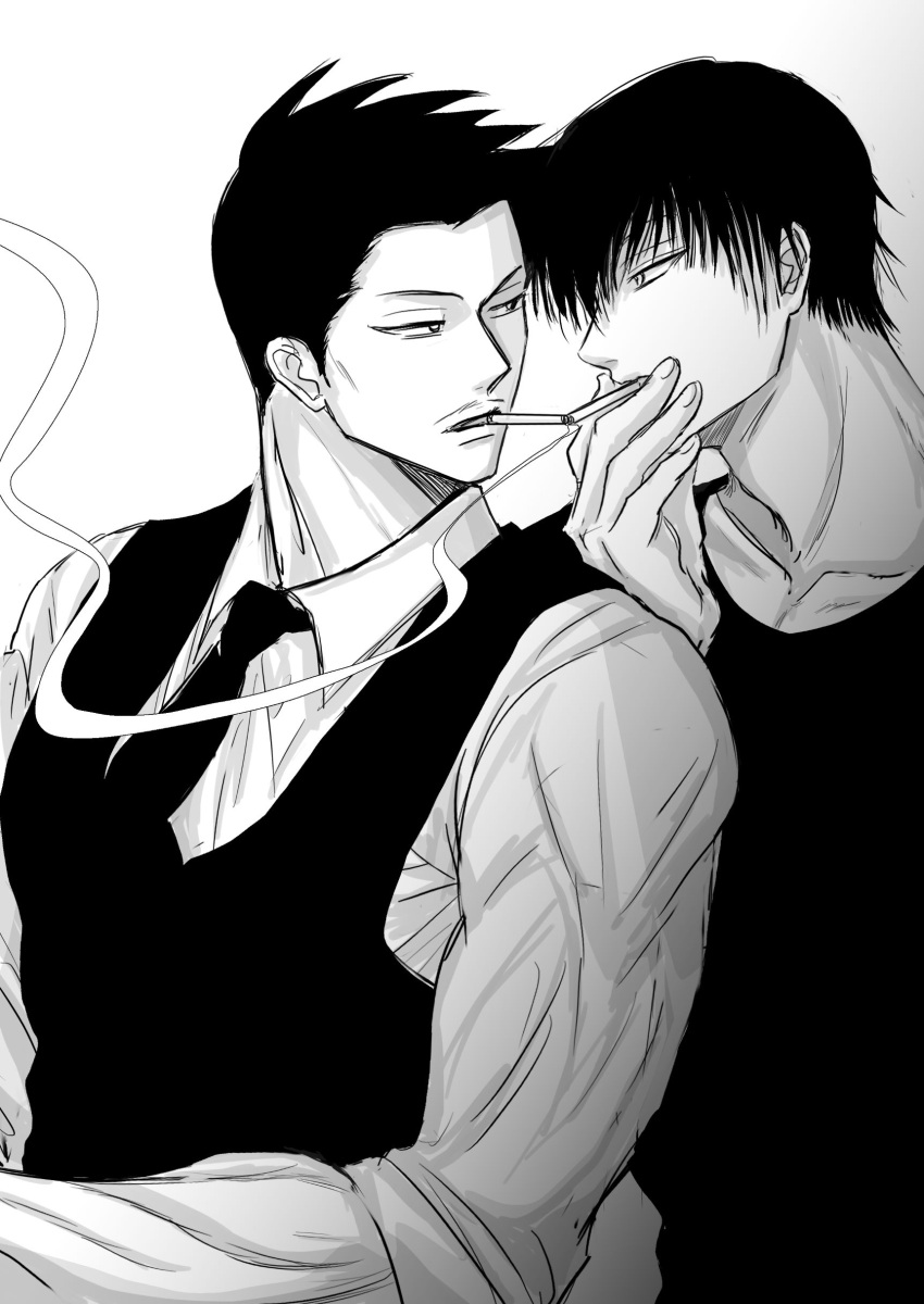 2boys absurdres alternate_costume artist_request black_hair cigarette_kiss couple eye_contact facial_hair from_side fushiguro_touji greyscale half-closed_eyes highres jujutsu_kaisen looking_at_another male_focus mature_male monochrome multiple_boys muscular muscular_male mustache_stubble necktie pectorals profile scar scar_on_face scar_on_mouth shiu_kong short_hair smoking spiked_hair stubble upper_body vest yaoi