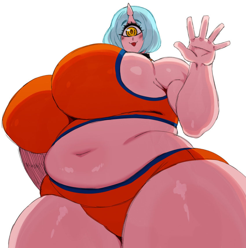 1_eye absurd_res big_breasts blue_hair bra breasts clothing curvy_figure cyclops female gesture hair hi_res hitome_(plus-sized_elf) horn huge_breasts humanoid overweight overweight_female pale_skin plus-sized_elf solo sports_bra sports_panties sssonic2 underwear voluptuous waving waving_at_viewer wide_hips