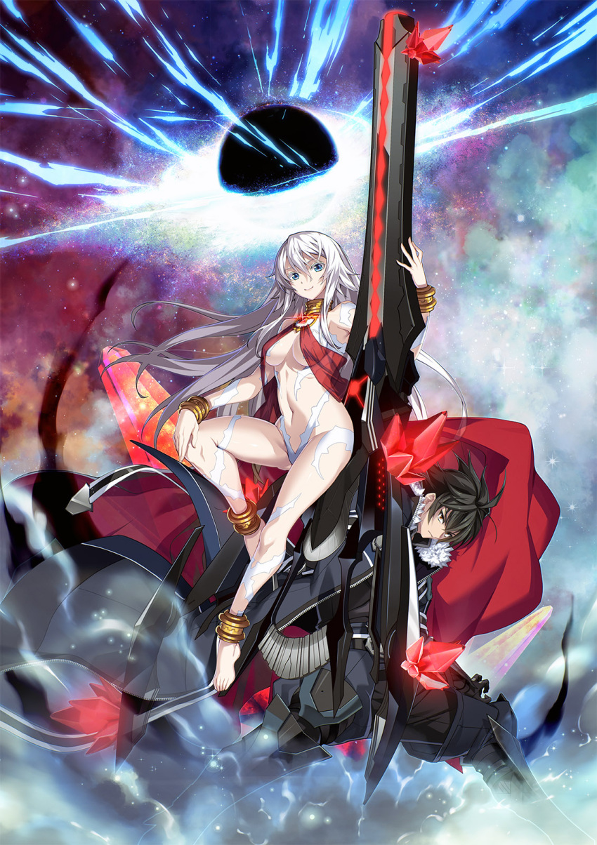1boy 1girl anklet bare_shoulders barefoot black_hair blue_eyes bracelet breasts character_request cleavage collar full_body fur_trim gold_collar hair_between_eyes highres jacket jewelry long_hair navel official_art revealing_clothes silverio_ragnarok sitting smile solo underboob weapon white_hair