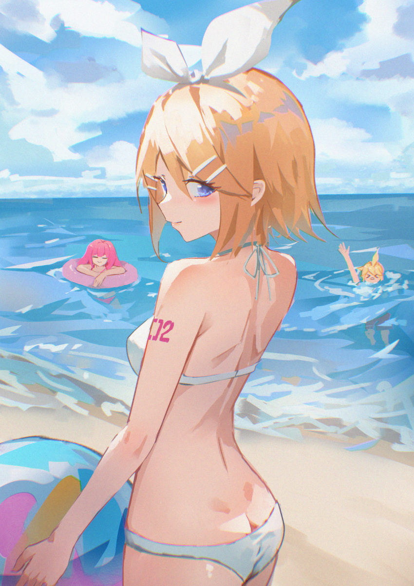 1boy 2girls afloat aqua_eyes arm_tattoo ass back ball beach beachball bikini blonde_hair blue_sky blush breasts brother_and_sister butt_crack closed_mouth cloud cloudy_sky danraz0r day from_behind hair_ornament hair_ribbon hairclip highres holding holding_ball holding_beachball horizon innertube kagamine_len kagamine_rin long_hair looking_at_viewer looking_back megurine_luka multiple_girls ocean open_mouth outdoors partially_submerged pink_hair ribbon sand short_hair shoulder_blades siblings sky smile standing swim_ring swimsuit tattoo twins vocaloid water wet white_bikini