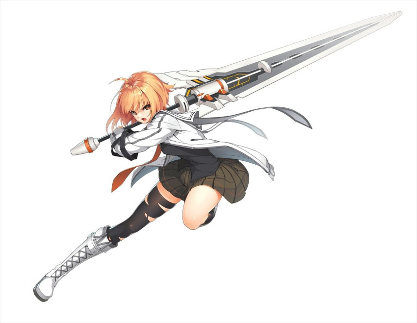 ahoge asymmetrical_legwear black_shirt blonde_hair cross-laced_footwear fighting_stance haru_estia holding holding_sword holding_weapon jacket miniskirt necktie official_art open_mouth orange_necktie shirt simple_background skirt soulworker sword weapon white_background white_jacket