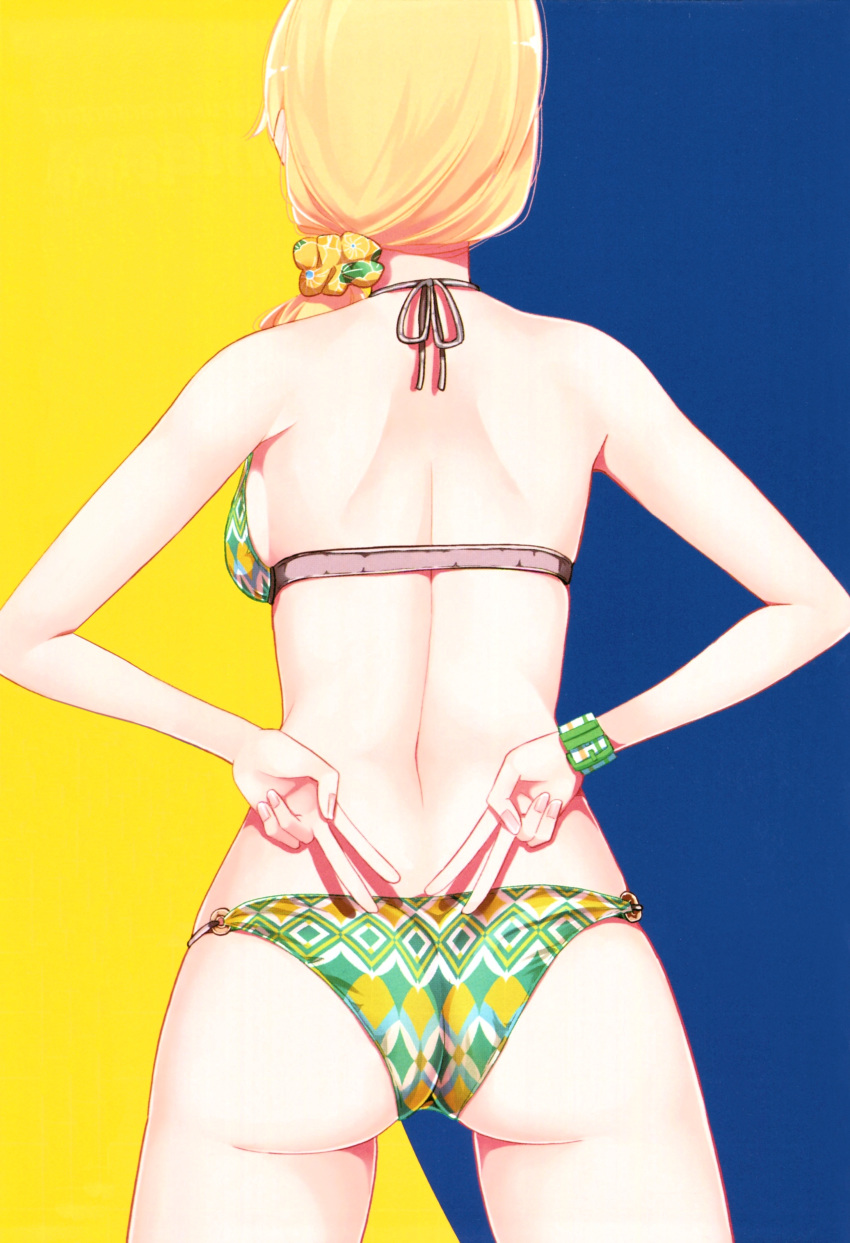 absurdres arms_behind_back ass bare_shoulders bikini blonde_hair blue_eyes breasts double_v fingernails from_behind halter_top halterneck harukana_receive highres legs_apart low_ponytail medium_breasts nape nyoijizai o-ring o-ring_bottom official_art ponytail scan shiny shiny_skin simple_background smile solo swimsuit thomas_emily v watch wristwatch