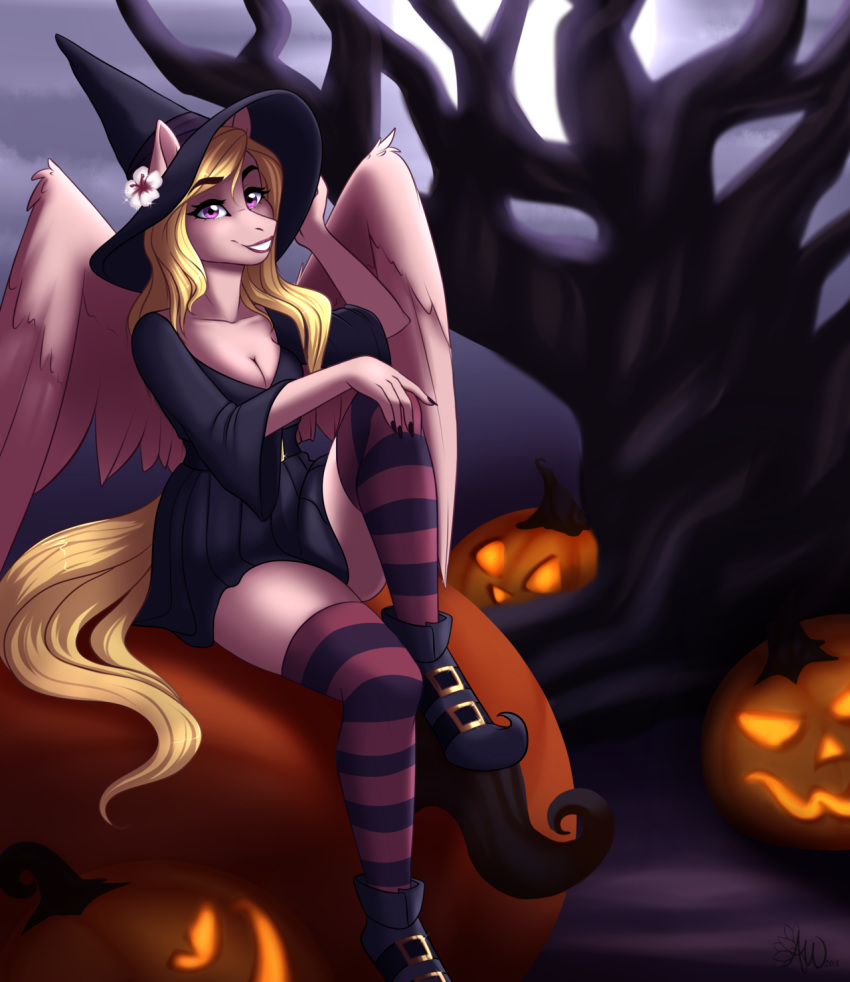 2018 5_fingers anthro biped black_eyebrows black_nails blonde_hair blonde_tail breasts cleavage clothed clothing colored_nails dress equine eyebrows eyelashes fairdahlia fan_character feathered_wings feathers female flower food footwear fruit fur hair halloween hat holidays jack-o'-lantern legwear long_hair looking_at_viewer magic_user mammal my_little_pony pegasus pink_lips plant pumpkin purple_eyes shoes sitting smile solo stockings teeth thigh_highs tree white_feathers white_fur white_wings wings witch witch_hat