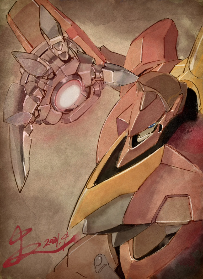 arm_up blue_eyes code_geass commentary_request dated guren_(code_geass) guren_mk-ii highres knightmare_frame mecha mecha_focus nakada_eiji no_humans open_hand robot science_fiction signature solo upper_body