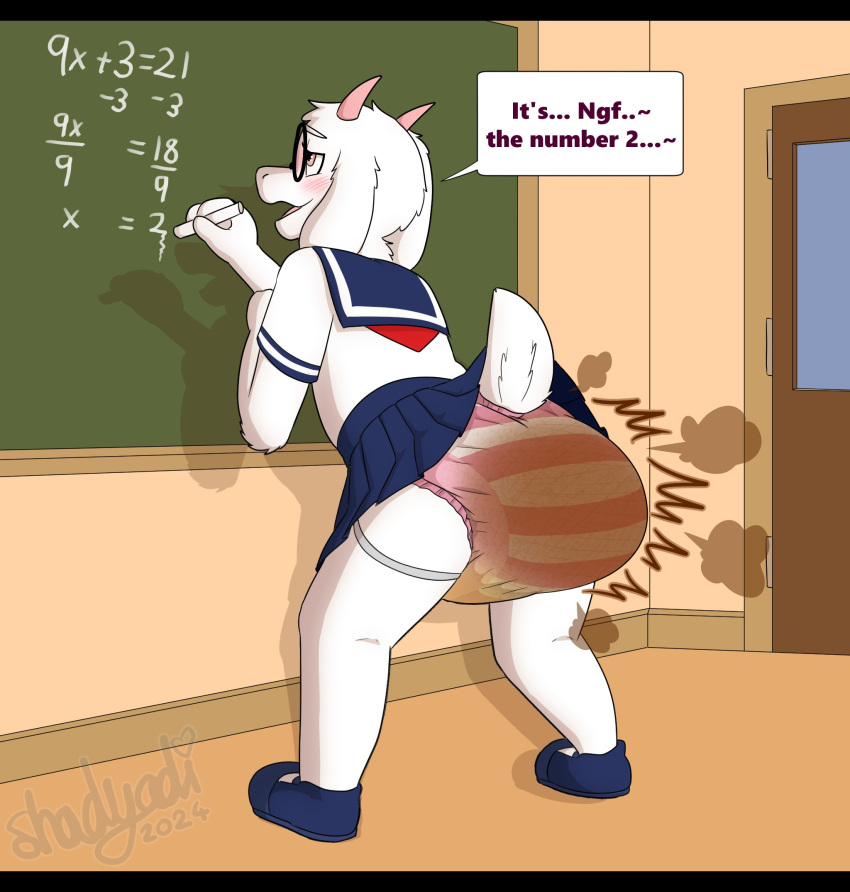 2_horns alternate_version_at_source anthro asian_clothing blush bodily_fluids bottomwear bovid caprine chalkboard classroom clothed clothing darkner deltarune dialogue diaper east_asian_clothing eyewear feces footwear fur genital_fluids glasses goat hi_res horn irony japanese_clothing japanese_school_uniform legwear male mammal math open_mouth open_smile pink_diaper pink_eyes pink_horn raised_bottomwear raised_clothing raised_skirt raised_tail ralsei school school_uniform shadyadi shoes skirt smile soiling solo speech_bubble striped_diaper tail tail_under_skirt thigh_highs undertale_(series) uniform urine watermark wetting white_body white_fur