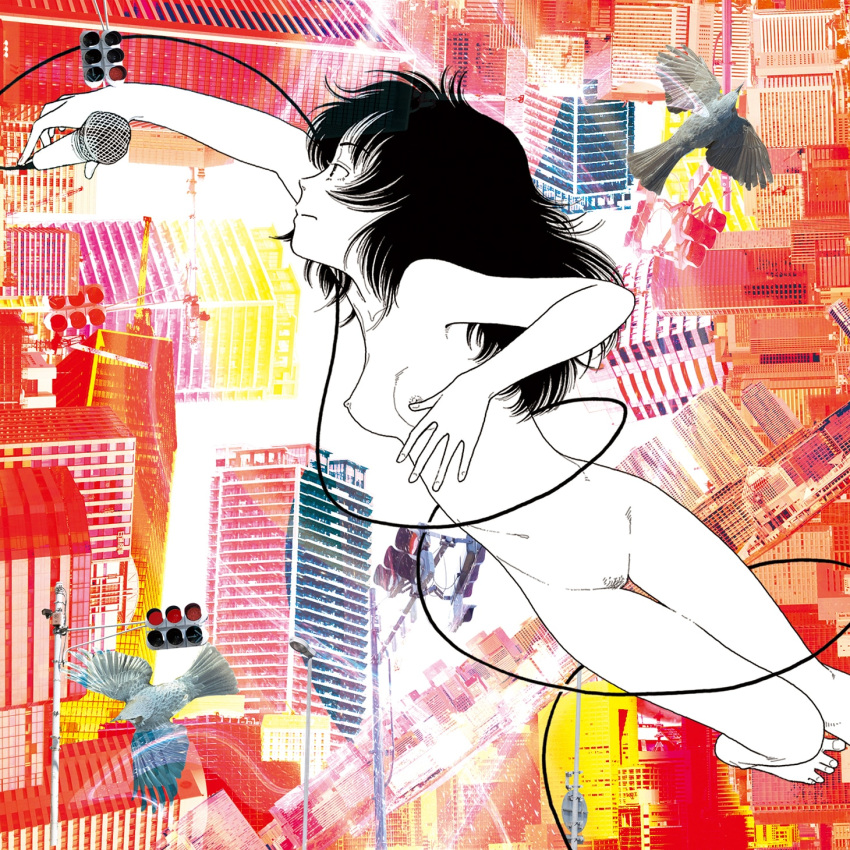1girl abstract_background album_cover bird breasts building cable completely_nude cover female_pubic_hair gotou_mariko greyscale_with_colored_background highres holding holding_microphone long_hair looking_to_the_side microphone nipples nude original pigeon profile pubic_hair small_breasts solo thigh_gap traffic_light yamamoto_naoki