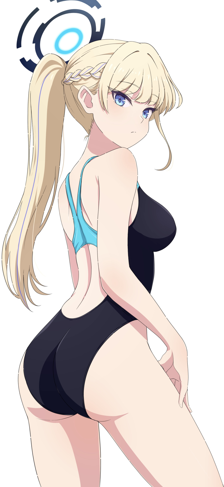 1girl absurdres ass bare_arms bare_shoulders blonde_hair blue_archive blue_eyes blue_hair blue_halo blue_one-piece_swimsuit braid breasts camui1104 closed_mouth commentary_request competition_swimsuit cowboy_shot expressionless from_side halo highleg highleg_swimsuit highres large_breasts light_blush long_hair looking_at_viewer multicolored_hair one-piece_swimsuit ponytail simple_background solo split_mouth standing streaked_hair swimsuit toki_(blue_archive) turning_head two-tone_swimsuit white_background