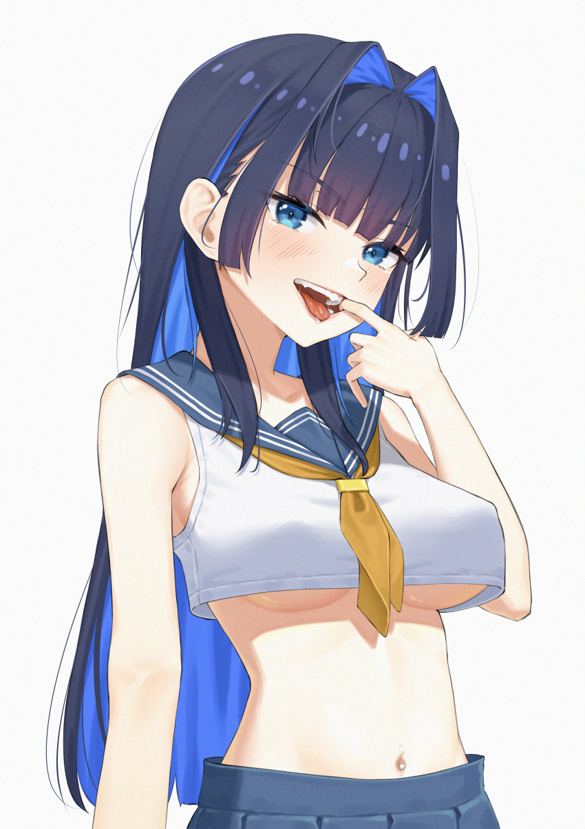 absurdres alternate_costume bangom_r bare_arms bare_shoulders blue_eyes blunt_bangs blush breasts colored_inner_hair covered_nipples crop_top finger_in_own_mouth highres hololive hololive_english long_hair midriff multicolored_hair navel neckerchief open_mouth ouro_kronii underboob upper_body yellow_neckerchief