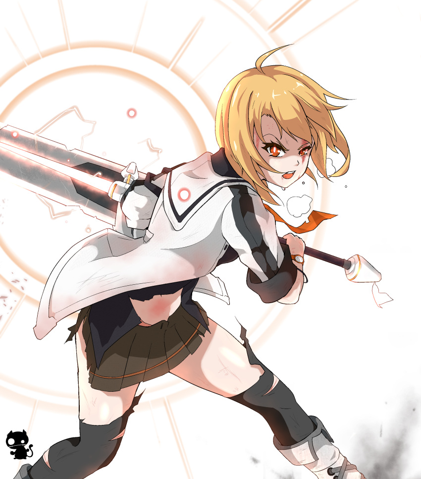 1girl absurdres ahoge black_shirt blonde_hair brown_eyes cross-laced_footwear fighting_stance haru_estia highres holding holding_sword holding_weapon injury jacket miniskirt necktie orange_necktie shirt skirt soulworker sword torn_clothes torn_skirt watch weapon wristwatch zettai_ryouiki