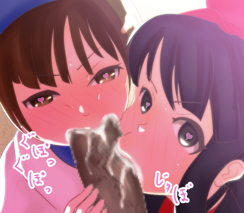 2girls black_hair blush brown_hair dark_skin dark_skinned_male fellatio heart heart-shaped_pupils multiple_girls nakoruru oral penis rimururu samurai_spirits symbol-shaped_pupils traditional_clothes