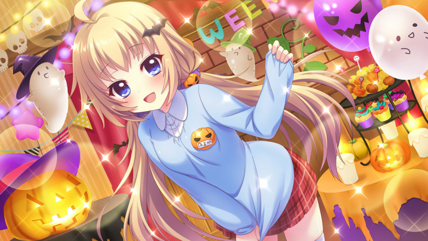 1girl ahoge balloon bat_(animal) bat_hair_ornament black_hat blue_eyes blue_shirt blush breasts brick_wall candle cupcake dot_nose dutch_angle film_grain food game_cg ghost green_hat hair_ornament hair_scrunchie halloween hat itsumura_haruka izumi_tsubasu jack-o'-lantern jack-o'-lantern_hair_ornament kindergarten_uniform leaning_forward lens_flare light_brown_hair long_hair long_sleeves low_twintails medium_breasts name_tag non-web_source official_art open_mouth plaid plaid_skirt purple_hat purple_scrunchie re:stage! red_curtains red_skirt scrunchie shirt shirt_tug sidelocks skirt skull smile solo sparkle star_balloon string_of_flags string_of_light_bulbs table tablecloth thighhighs tiered_tray translated twintails white_thighhighs witch_hat zettai_ryouiki