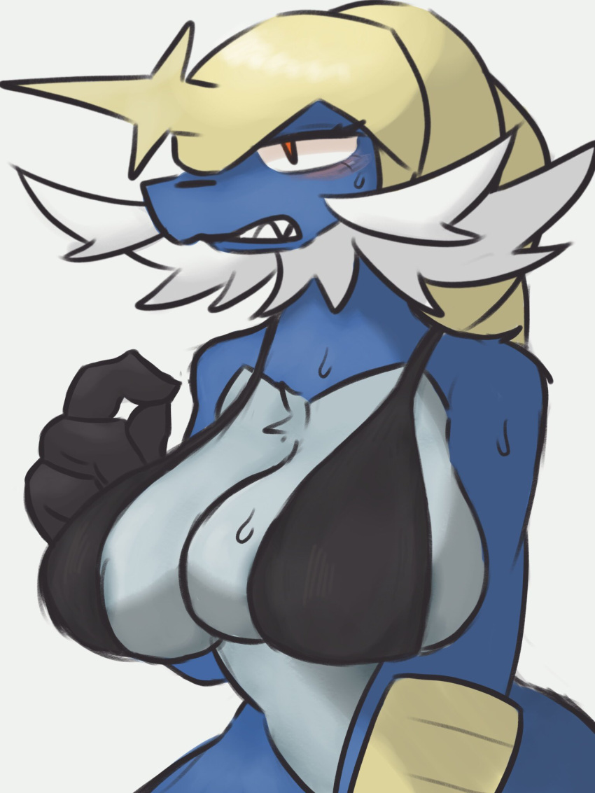 3:4 anthro bikini biped blue_body blush breasts cleavage clothed clothing female fur generation_5_pokemon hi_res nintendo pokemon pokemon_(species) samurott solo svkhaiminh swimwear white_body white_fur yellow_body