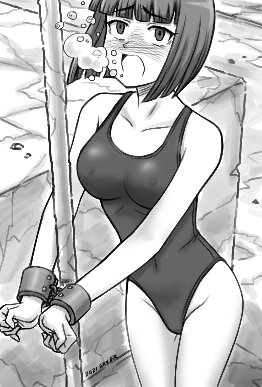 1girl absurdres air_bubble asphyxiation blush breasts bubble collarbone covered_nipples cuffed dated drowning greyscale highres looking_up medium_breasts monochrome one-piece_swimsuit open_mouth original pole saver_(artbysaver) short_hair swimsuit underwater wrist_cuffs