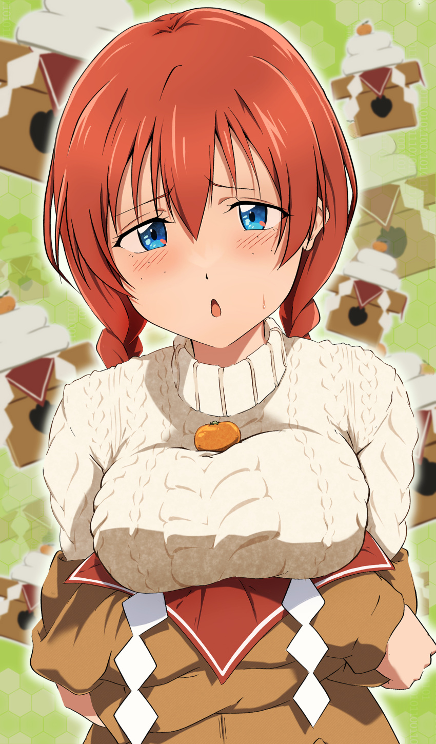 absurdres blue_eyes braid breasts crossed_arms emma_verde food fruit highres large_breasts love_live! love_live!_nijigasaki_high_school_idol_club mandarin_orange oppai_mochi red_hair sweater white_sweater zasshoku_ojisan