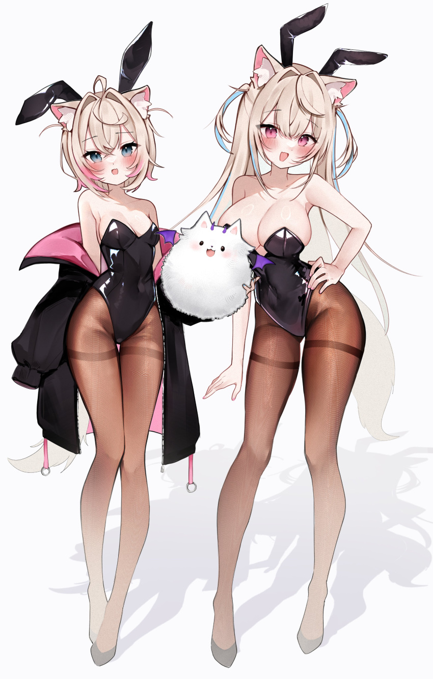 2girls absurdres ahoge alternate_costume animal_ear_fluff animal_ears arm_at_side bare_arms bare_shoulders black_jacket black_leotard blue_eyes blue_hair blush breasts brown_pantyhose commentary contrapposto covered_navel crossed_bangs dog_ears dog_girl dog_tail dot_nose english_commentary fake_animal_ears full_body fuwawa_abyssgard hair_between_eyes hair_intakes hand_on_own_hip highleg highleg_leotard highres hololive hololive_english jacket large_breasts leotard light_brown_hair long_hair looking_at_viewer medium_breasts meiwowowo mococo_abyssgard multicolored_hair multiple_girls off_shoulder open_clothes open_jacket open_mouth pantyhose perroccino_(fuwamoco) pink_eyes pink_hair playboy_bunny rabbit_ears shadow short_hair siblings simple_background sisters sleeves_past_fingers sleeves_past_wrists smile standing strapless strapless_leotard streaked_hair tail thigh_gap thighband_pantyhose twins two-sided_fabric two-sided_jacket two_side_up very_long_hair virtual_youtuber white_background