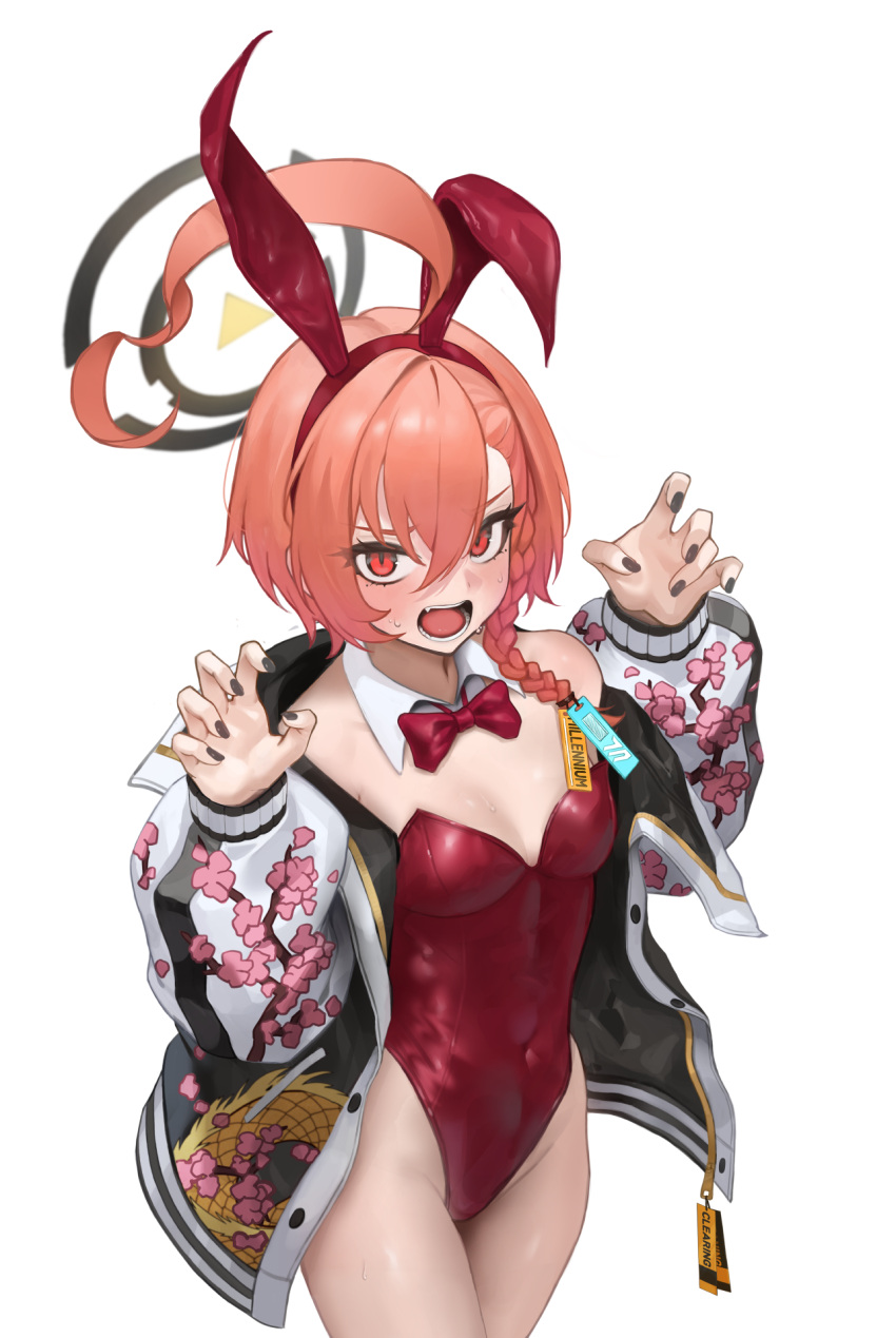 1girl ahoge animal_ears arc2urus black_halo black_jacket black_nails blue_archive blush bow bowtie breasts cherry_blossom_print claw_pose commentary covered_navel cowboy_shot detached_collar fake_animal_ears fingernails floral_print hair_between_eyes halo hands_up highleg highleg_leotard highres huge_ahoge jacket leotard long_sleeves looking_at_viewer multicolored_clothes multicolored_jacket nail_polish neru_(blue_archive) neru_(bunny)_(blue_archive) official_alternate_costume open_clothes open_jacket open_mouth orange_hair parted_bangs print_jacket puffy_long_sleeves puffy_sleeves rabbit_ears red_bow red_bowtie red_eyes red_leotard revision short_hair small_breasts solo strapless strapless_leotard sweat white_jacket