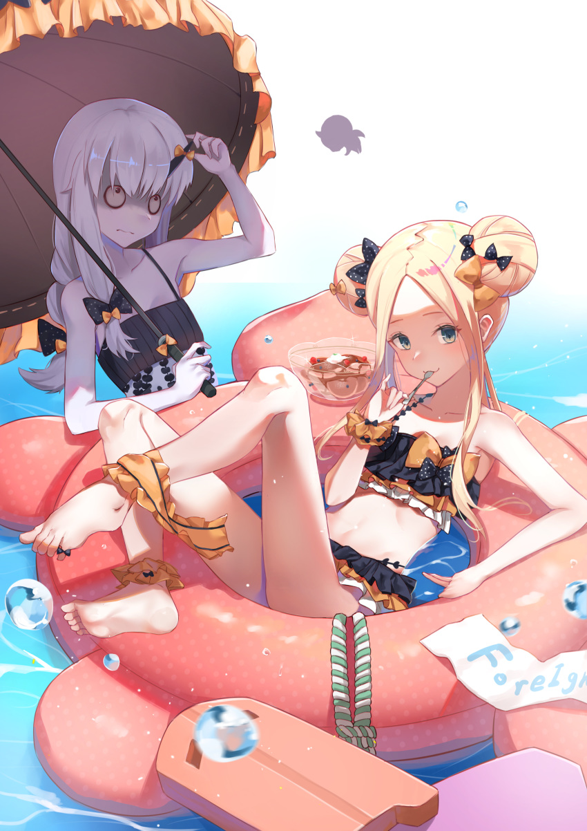abigail_williams_(fate/grand_order) absurdres ankle_ribbon bags_under_eyes bangs bare_shoulders bikini black_bikini black_bow blonde_hair blue_eyes blush bow bowl braid breasts closed_mouth collarbone commentary_request double_bun eating emerald_float fate/grand_order fate_(series) feet food forehead frilled_bikini frills hair_bow highres horn innertube kickboard lavinia_whateley_(fate/grand_order) legs long_hair looking_at_viewer multiple_girls navel orange_bow orange_ribbon pale_skin parted_bangs polka_dot polka_dot_bow pudding purple_eyes ribbon rope scrunchie sidelocks small_breasts smile spoon swimsuit thighs umbrella water water_drop wavy_mouth white_background wide-eyed wrist_scrunchie yukiyama_momo