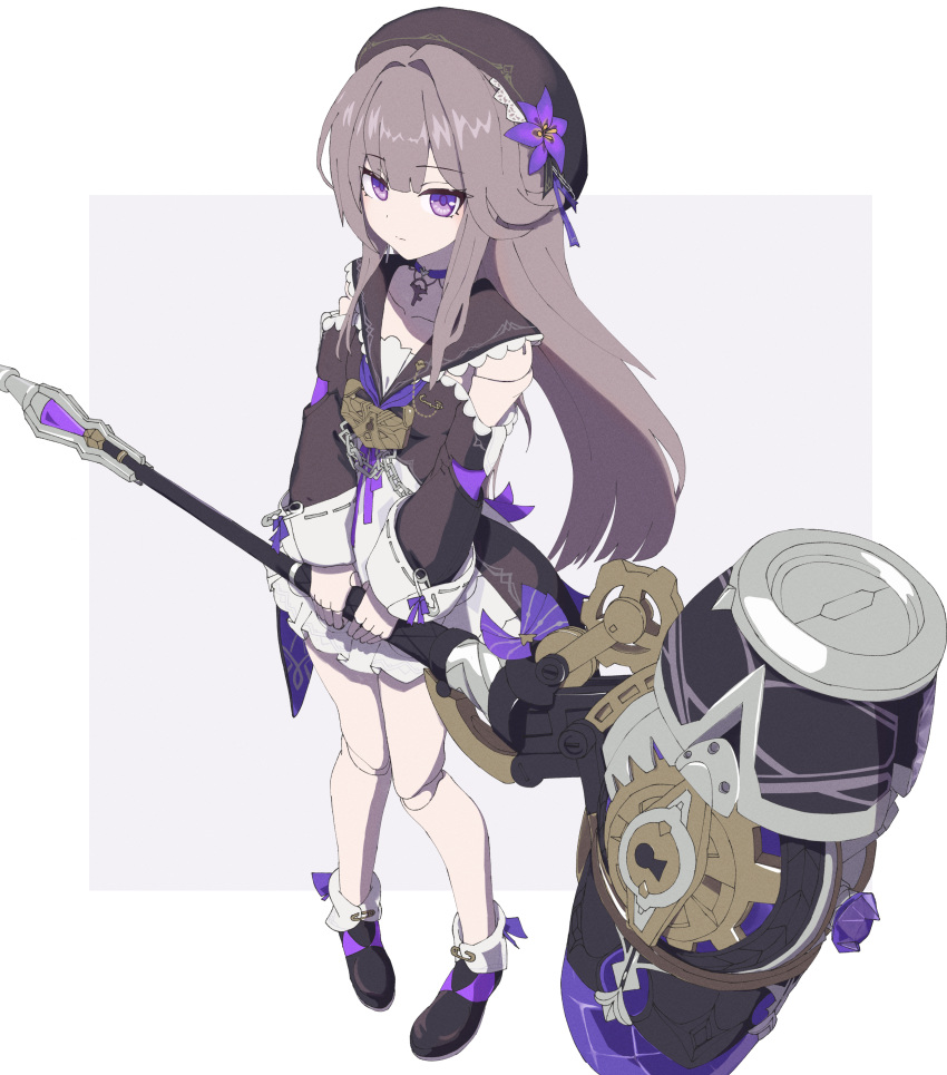 1girl absurdres beret brown_hair choker doll_joints dress expressionless flower full_body hair_flower hair_ornament hammer hat herta_(honkai:_star_rail) highres holding holding_hammer holding_weapon honkai:_star_rail honkai_(series) joints long_hair looking_at_viewer purple_choker purple_eyes sidelocks simple_background solo tonbon weapon white_background