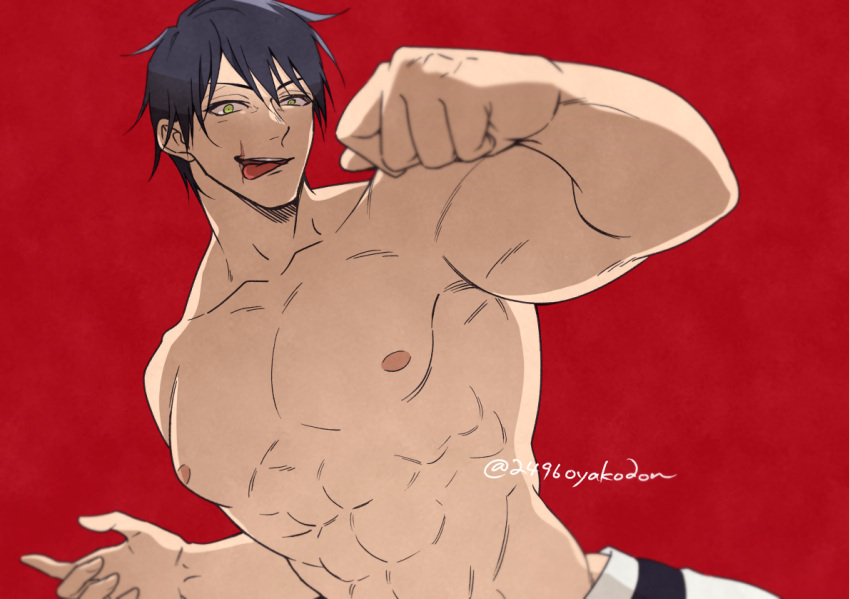 1boy 2496oyakodon abs backlighting bara black_hair clenched_hand cowboy_shot crazy_smile empty_eyes fighting_stance fushiguro_touji incoming_attack incoming_punch jujutsu_kaisen looking_at_viewer male_focus mature_male muscular muscular_male nipples pants pectorals punching scar scar_on_face scar_on_mouth short_hair smile solo tongue tongue_out topless_male