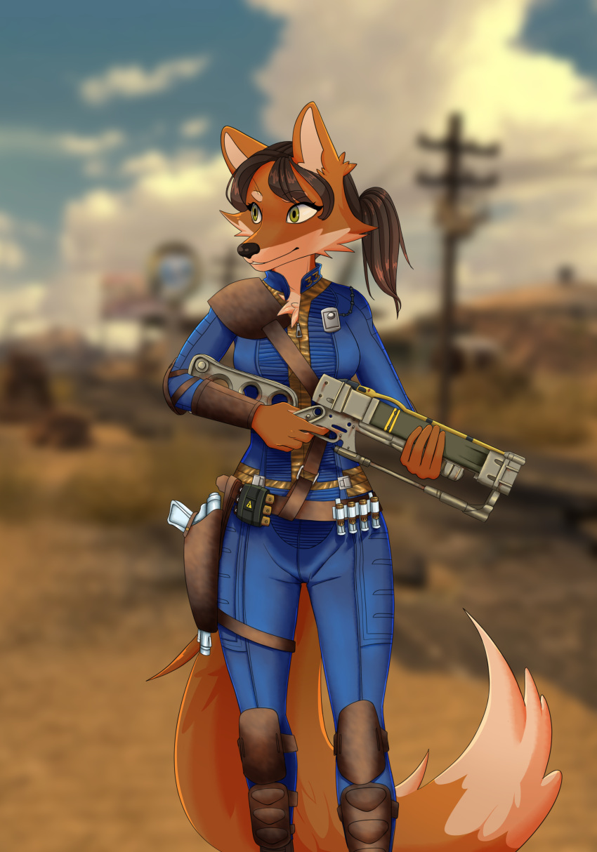 4:3 absurd_res aceshellshocked anthro bethesda_softworks canid canine digital_drawing_(artwork) digital_media_(artwork) fallout female fox gun hi_res laser_rifle mammal portrait ranged_weapon solo wasteland weapon