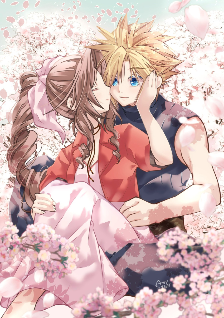 1boy 1girl aerith_gainsborough arestear0701 artist_name bare_shoulders blonde_hair blue_eyes blue_pants blue_shirt blurry blurry_foreground braid braided_ponytail breasts brown_hair cherry_blossoms choker cleavage closed_eyes cloud_strife colored_eyelashes couple cropped_jacket dress falling_petals final_fantasy final_fantasy_vii final_fantasy_vii_rebirth final_fantasy_vii_remake hair_between_eyes hair_ribbon hanami hand_on_another's_cheek hand_on_another's_face hand_on_another's_waist hetero highres hugging_own_legs imminent_kiss jacket long_dress long_hair medium_breasts pants parted_bangs petals pink_dress pink_petals pink_ribbon red_jacket ribbon ribbon_choker shirt short_hair short_sleeves sidelocks single_braid sitting sitting_on_lap sitting_on_person sleeveless sleeveless_turtleneck smile spiked_hair turtleneck wavy_hair