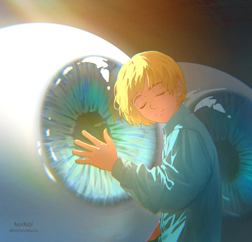 1boy armin_arlert artist_name blonde_hair blue_eyes blue_shirt closed_eyes closed_mouth collared_shirt eyeball highres light_smile long_sleeves male_focus noinoichebura puffy_long_sleeves puffy_sleeves shingeki_no_kyojin shirt short_hair solo thick_eyebrows twitter_username upper_body wide-eyed