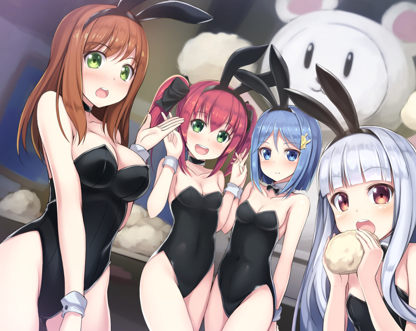 :d :o alternative_girls animal_ears arm_behind_back ass_visible_through_thighs bangs baozi bare_arms bare_shoulders black_bow black_choker black_hairband black_leotard blue_eyes blue_hair blunt_bangs blush bow breasts brown_eyes brown_hair bunny_ears bunnysuit character_check choker cleavage commentary_request covered_navel cowboy_shot detached_collar eating eyebrows_visible_through_hair fake_animal_ears food green_eyes grey_hair hair_bow hair_ornament hairband hairclip hand_up hands_up highleg highleg_leotard highres hiiragi_tsumugi hirose_koharu holding holding_food holding_hands indoors kageira leotard long_hair looking_at_viewer mano_sakurako medium_breasts multiple_girls open_mouth orimiya_yui oversized_object pink_hair round_teeth short_hair sidelocks small_breasts smile strapless strapless_leotard stuffed_animal stuffed_bunny stuffed_toy teeth twintails upper_body upper_teeth v wrist_cuffs