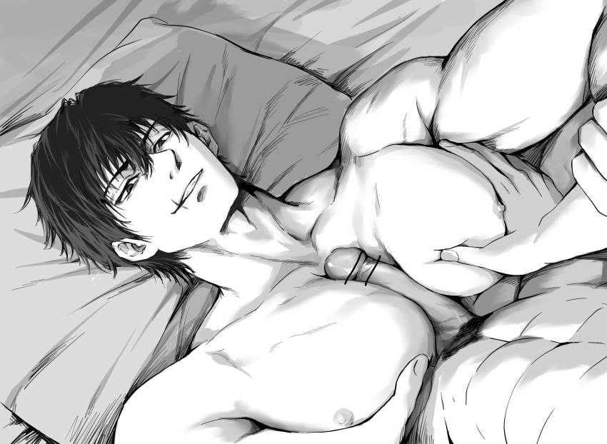 abs adam's_apple artist_request bar_censor bara between_pectorals censored erection from_above fushiguro_touji grabbing greyscale grin highres jujutsu_kaisen large_pectorals looking_at_another looking_up male_focus mature_male monochrome muscular muscular_male nipples nude pecjob pectoral_grab pectorals scar scar_on_face scar_on_mouth short_hair smile solo_focus thick_eyebrows upper_body yaoi