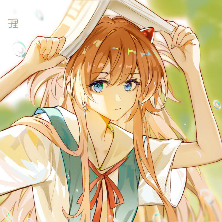 1girl :/ blue_eyes book bow bowtie brown_hair day eyelashes hair_between_eyes hair_ornament highres holding holding_book horns long_hair looking_at_viewer neon_genesis_evangelion outdoors rain red_bow red_bowtie shirt short_sleeves solo souryuu_asuka_langley water_drop white_shirt zhengyuriri