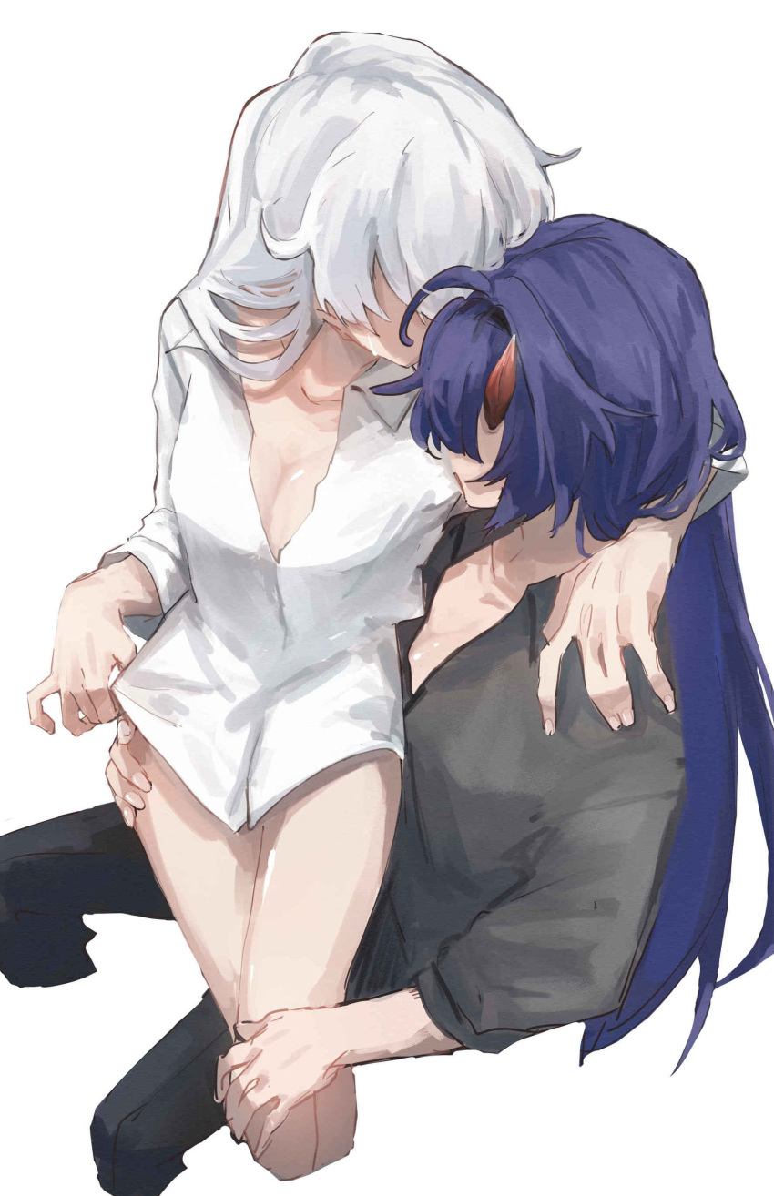 2girls absurdres arm_around_neck bare_legs black_pants breasts chinese_commentary cleavage collared_shirt commentary_request cropped_legs from_above grey_shirt highres honkai_(series) honkai_impact_3rd horns kiana_kaslana long_hair long_sleeves medium_breasts mixed-language_commentary moonsun77773 multiple_girls naked_shirt open_clothes open_shirt pants purple_hair raiden_mei raiden_mei_(herrscher_of_thunder) shirt simple_background sitting sitting_on_lap sitting_on_person white_background white_hair yuri