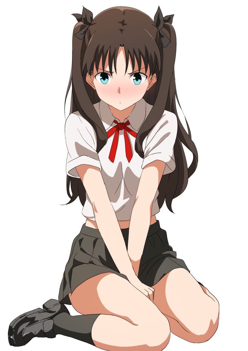 1girl between_legs black_bow black_footwear black_ribbon black_skirt black_socks blue_eyes blush bow brown_hair collared_shirt commentary covering_crotch covering_privates fate/stay_night fate_(series) full_body hair_bow hair_ribbon hand_between_legs highres kishishi_(kishiman-ya) kneehighs loafers long_hair looking_at_viewer midriff_peek miniskirt neck_ribbon pleated_skirt pout red_ribbon ribbon shirt shoes short_sleeves simple_background sitting skirt socks solo thighs tohsaka_rin two_side_up v_arms wariza white_background white_shirt