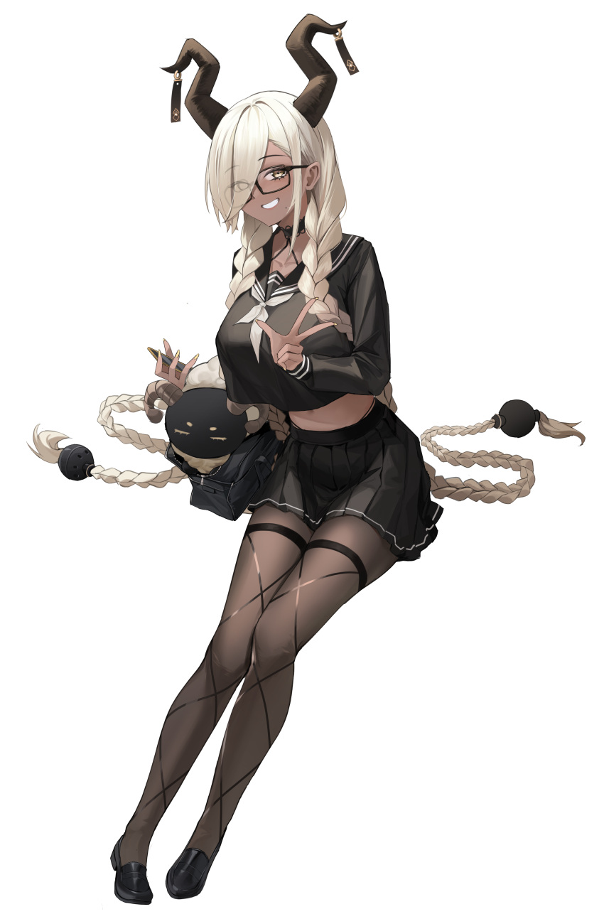 1girl absurdres alternate_costume azur_lane bag bespectacled black-framed_eyewear black_bag black_choker black_footwear black_sailor_collar black_shirt black_skirt braid breasts brown_horns brown_pantyhose choker commentary crop_top crop_top_overhang dark-skinned_female dark_skin full_body glasses grin gyaru hair_over_one_eye highres horn_ornament horns kuroja large_breasts large_horns long_hair long_sleeves looking_at_viewer low_twin_braids midriff miniskirt mole mole_under_mouth neckerchief owari_(azur_lane) pantyhose pleated_skirt rectangular_eyewear sailor_collar school_bag school_uniform sheep shirt shoes simple_background skirt smile solo twin_braids v very_long_hair white_background white_hair white_neckerchief yellow_eyes