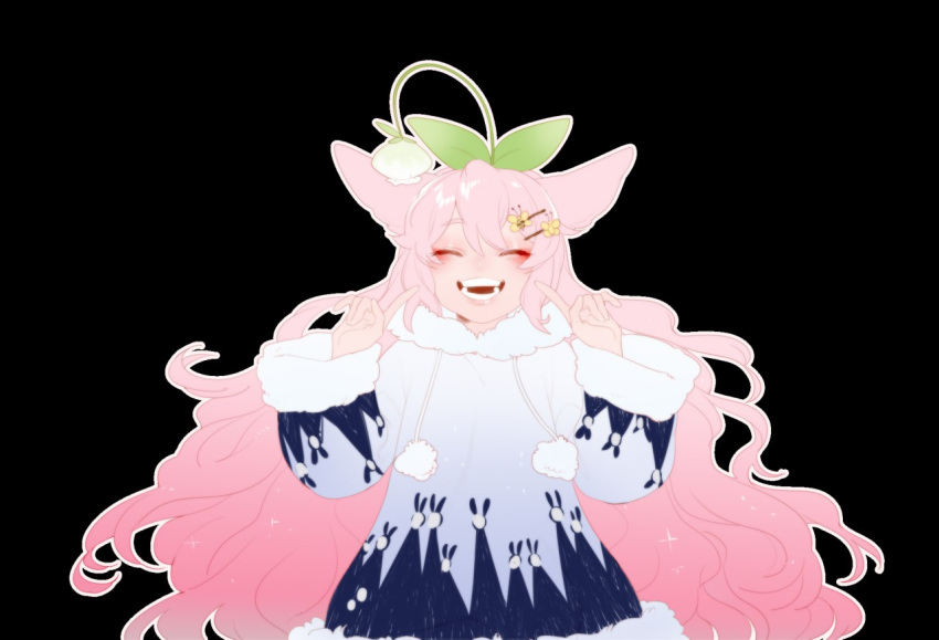 009w animal_humanoid black_background cat_humanoid coat eyelashes eyeliner eyes_closed eyeshadow feline female fur_coat hair hair_accessory humanoid long_hair makeup mammal mascara open_mouth pink_hair plant simple_background smile solo