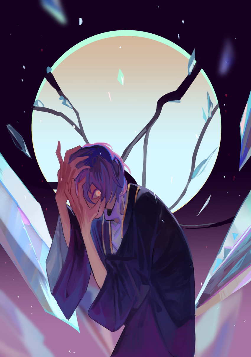 1boy absurdres black_background crystal gradient_background hand_on_own_face hand_on_own_head hands_up highres long_sleeves looking_at_viewer male_focus original purple_hair purple_robe red_pupils robe short_hair solo upper_body wide_sleeves yulei_yuuuuu