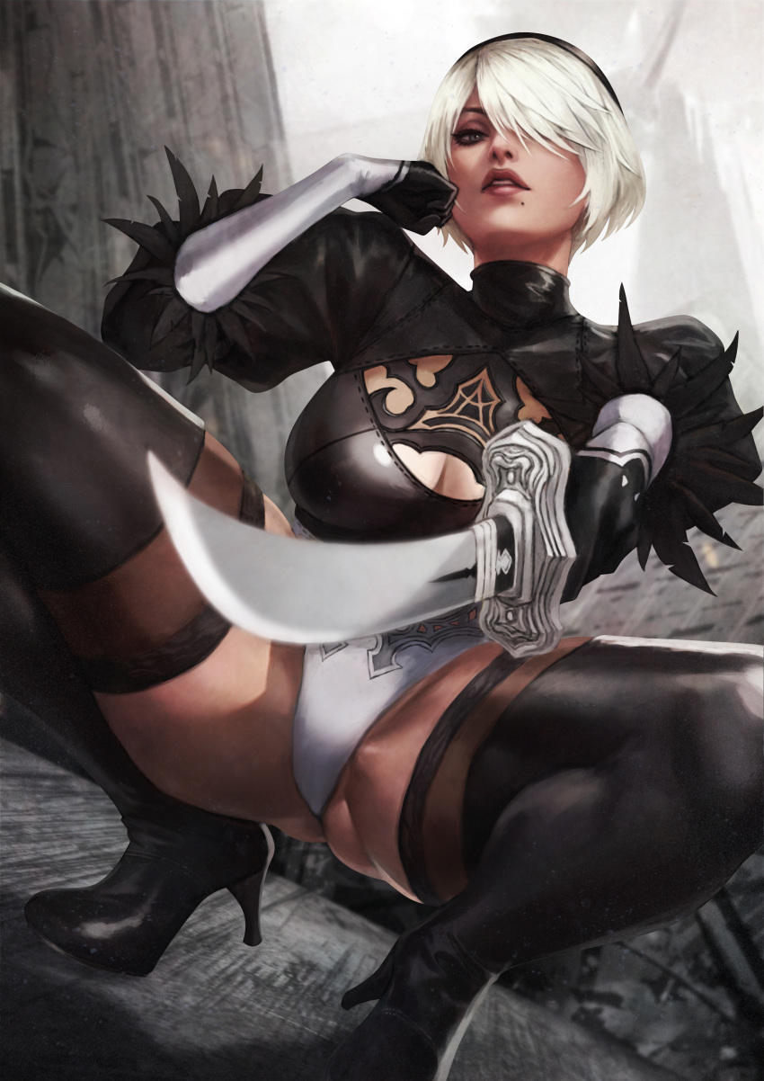 1girl 2b_(nier:automata) absurdres aiming aiming_at_viewer alternate_breast_size ass_visible_through_thighs black_footwear black_gloves black_hairband blue_eyes boots breasts brown_lips cleavage cleavage_cutout clothing_cutout crop_top english_commentary feather-trimmed_sleeves gloves hair_over_one_eye hairband head_rest high_heel_boots high_heels highres holding holding_sword holding_weapon katana large_breasts leotard makeup mascara mole mole_under_mouth monori_rogue nier:automata nier_(series) no_blindfold no_pants nose paid_reward_available post-apocalypse see-through see-through_legwear short_hair solo spread_legs squatting sword thick_thighs thighhighs thighhighs_under_boots thighs thong_leotard vambraces virtuous_contract weapon white_hair white_leotard