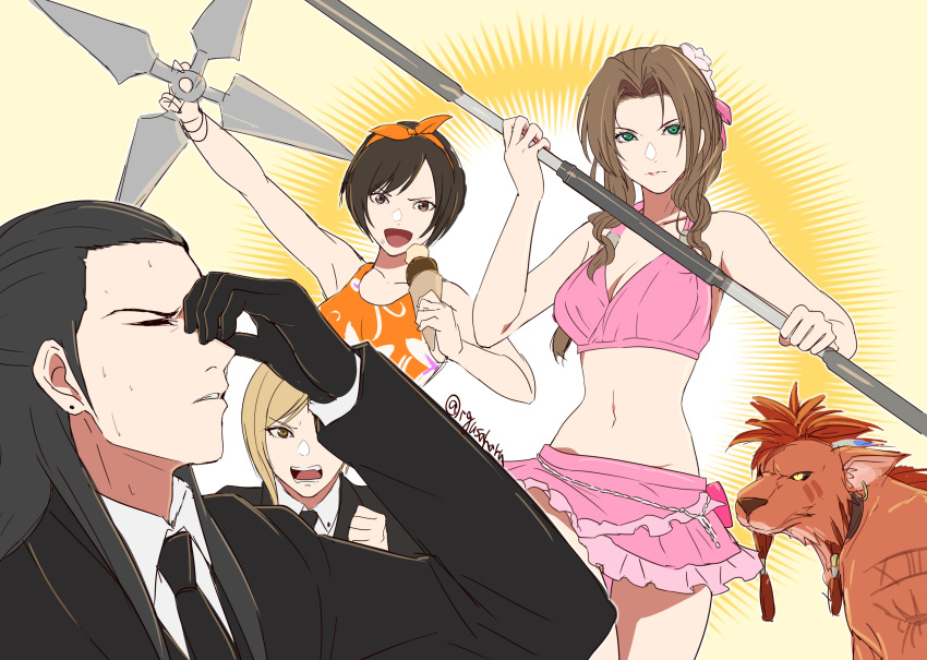 1boy 3girls absurdres aerith_gainsborough aerith_gainsborough_(pink_mermaid) animal_ears bare_arms bare_shoulders beads bikini bindi black_gloves black_hair black_jacket black_necktie blonde_hair breasts brown_hair cleavage clenched_hand closed_eyes collared_shirt cowboy_shot crop_top earrings elena_(ff7) fighting_stance final_fantasy final_fantasy_vii final_fantasy_vii_rebirth final_fantasy_vii_remake flower frilled_bikini frills frown furrowed_brow gloves green_eyes hair_beads hair_flower hair_ornament hair_ribbon hairband highres holding holding_ice_cream_cone holding_shuriken holding_staff holding_weapon hoop_earrings ice_cream_cone igusaharu jacket jewelry medium_breasts midriff multiple_girls navel necktie official_alternate_costume open_mouth orange_fur orange_hairband orange_shirt parted_bangs parted_lips pink_bikini pink_ribbon print_shirt red_hair red_xiii ribbon shirt short_hair shuriken sideboob sidelocks sleeveless sleeveless_shirt smile staff suit_jacket sweatdrop swept_bangs swimsuit tseng twitter_username wavy_hair weapon white_shirt yellow_eyes yuffie_kisaragi yuffie_kisaragi_(summer_orange)