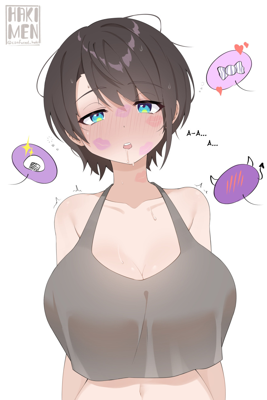 1girl absurdres aqua_eyes bare_shoulders blush breasts brown_hair cleavage crop_top hakimen highres hololive implied_yuri large_breasts lipstick_mark midriff navel oozora_subaru open_mouth saliva short_hair simple_background solo sweat upper_body virtual_youtuber white_background