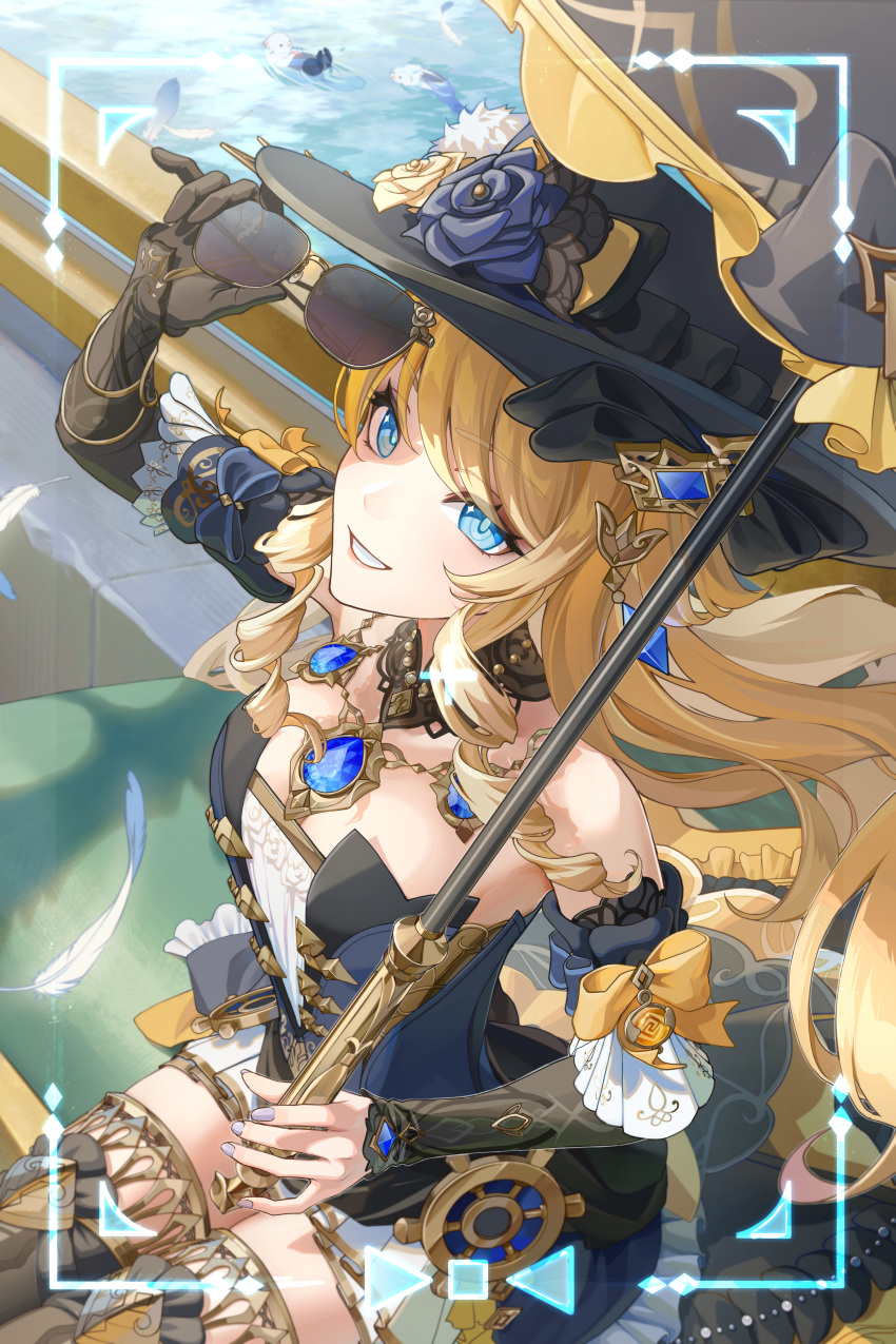1girl absurdres bibi_(obb_spl) black_gloves black_hat blonde_hair blue_eyes blue_flower blue_gemstone blue_rose clenched_teeth detached_sleeves dress drill_hair drill_sidelocks earrings elbow_gloves feathers flower from_above gem genshin_impact gloves hat hat_flower highres holding holding_removed_eyewear holding_umbrella inset_border jewelry lace-trimmed_collar lace_trim long_hair looking_at_viewer navia_(genshin_impact) open_mouth rose ship's_wheel_ornament sidelocks single_glove sitting smile solo strapless strapless_dress sunglasses teeth thighhighs umbrella unworn_eyewear yellow_flower yellow_rose