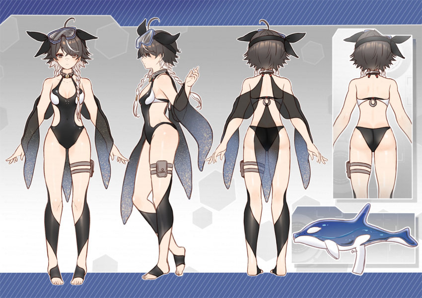 1girl ahoge alternate_costume bare_shoulders braid brown_eyes brown_hair cherno_kegaard full_body goggles goggles_on_head hobak multicolored_hair orca reference_sheet short_hair snowbreak:_containment_zone swimsuit two-tone_hair water_gun white_hair