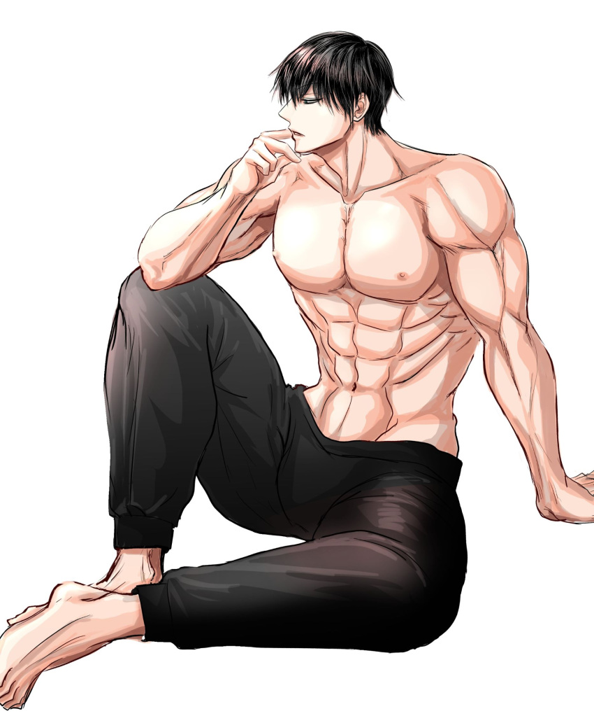 1boy abs artist_request barefoot black_hair black_pants full_body fushiguro_touji hand_on_floor highres jujutsu_kaisen male_focus mature_male muscular muscular_male nipples pants pectorals profile scar scar_on_face scar_on_mouth short_hair shredded_muscles sitting solo topless_male v-taper