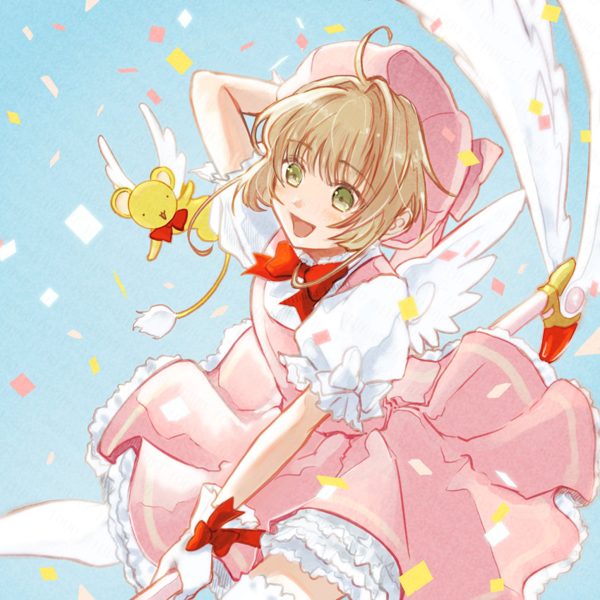 1girl blue_sky brown_hair cardcaptor_sakura confetti dress flying gloves green_eyes hibiki_10000 highres kero_(cardcaptor_sakura) kinomoto_sakura looking_to_the_side magical_girl open_mouth pink_dress pink_hat puffy_short_sleeves puffy_sleeves short_hair short_sleeves sky smile solo wand white_gloves