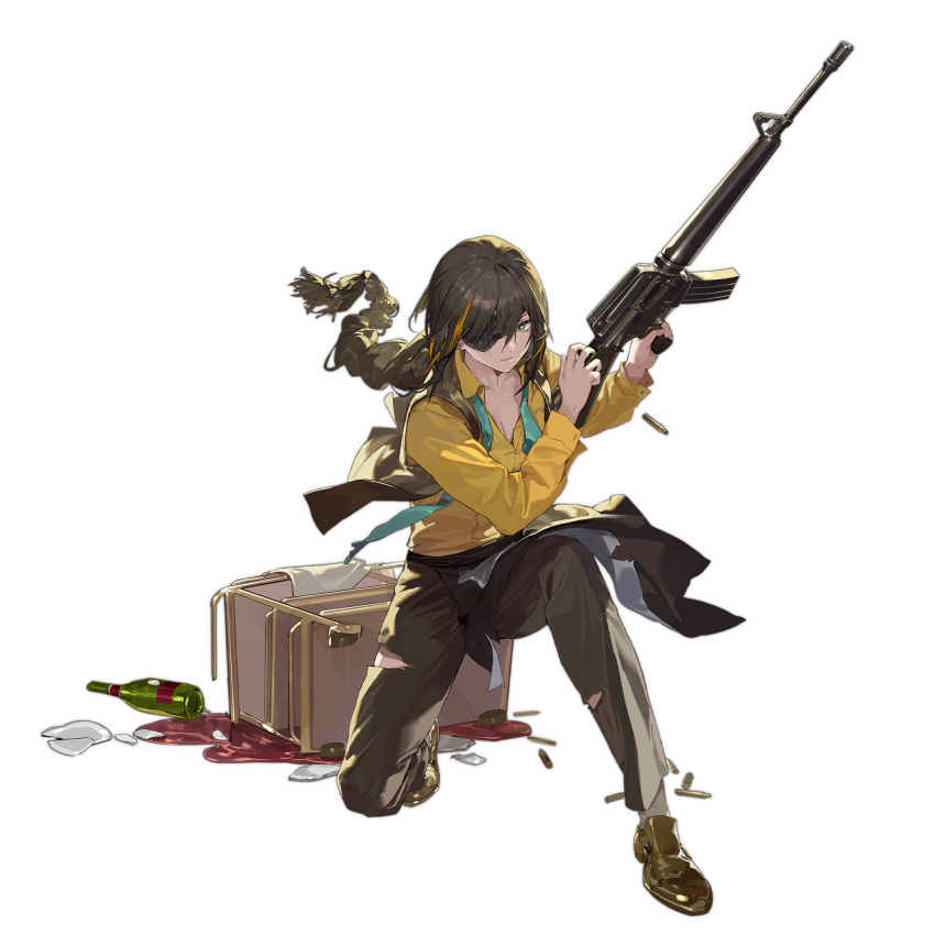 1girl alcohol apron aqua_necktie artist_request assault_rifle black_apron bottle braid breasts broken_plate brown_pants brown_vest casing_ejection cleavage closed_mouth eyepatch full_body girls'_frontline grey_eyes gun highres holding holding_gun holding_weapon kneeling long_hair long_sleeves looking_at_viewer m16 m16a1 m16a1_(fairy_kingdom_brew)_(girls'_frontline) m16a1_(girls'_frontline) mole mole_under_eye necktie official_alternate_costume official_art open_clothes open_vest pants partially_unbuttoned plate rifle scar scar_across_eye serving_cart shell_casing shirt shoes simple_background socks spill third-party_source torn_apron torn_clothes torn_pants towel transparent_background very_long_hair vest waist_apron waiter weapon white_socks wine wine_bottle yellow_footwear yellow_shirt