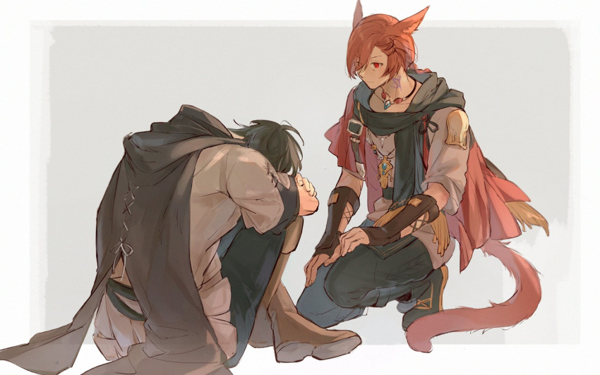 2boys adventurer_(ff14) animal_ears black_pants black_scarf boots border bracer braid brown_cape brown_footwear brown_hair brown_shirt cape cat_boy cat_ears cat_tail covered_face crossed_ankles expressionless facial_mark fetal_position final_fantasy final_fantasy_xiv from_side full_body g'raha_tia grey_background hair_over_one_eye hands_on_own_knees hyur jacket jewelry knees_up looking_at_another male_focus mid.m miqo'te multiple_boys neck_tattoo on_one_knee outside_border pants pendant red_eyes red_hair red_jacket scarf shirt short_hair shoulder_belt simple_background single_braid sitting swept_bangs tail tattoo warrior_of_light_(ff14) white_border