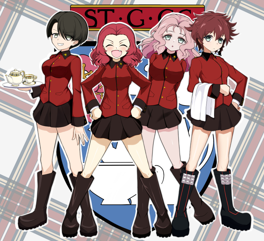4girls :d :o absurdres aqua_eyes arms_behind_back black_footwear black_skirt boots brown_hair closed_eyes commentary cranberry_(girls_und_panzer) cup earrings emblem facing_viewer fang full_body girls_und_panzer green_eyes grin hair_over_one_eye hand_on_own_hip hands_on_own_hips highres holding holding_towel holding_tray jacket jewelry knee_boots leaning_to_the_side legs_apart long_sleeves looking_at_viewer medium_hair messy_hair military_uniform miniskirt multiple_girls one_eye_closed open_mouth parted_lips peach_(girls_und_panzer) pink_hair pleated_skirt red_hair red_jacket rosehip_(girls_und_panzer) saucer shibainutank short_hair side-by-side simple_background skirt smile spiked_footwear st._gloriana's_(emblem) st._gloriana's_military_uniform standing stud_earrings teacup teapot tongue tongue_out towel tray uniform vanilla_(girls_und_panzer) wavy_hair white_background
