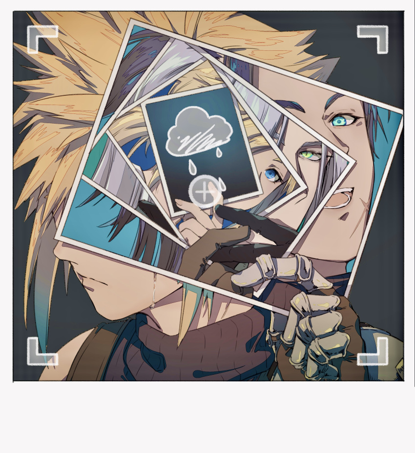 3boys absurdres aqua_background aqua_eyes black_hair blonde_hair blue_eyes blue_shirt cloud cloud_strife crying fermium.ice final_fantasy final_fantasy_vii green_eyes grey_background grey_hair hair_between_eyes highres holding holding_photo low_ponytail male_focus metal_gloves multiple_boys open_mouth parted_bangs photo_(object) polaroid scar scar_on_cheek scar_on_face sephiroth shirt sleeveless sleeveless_turtleneck slit_pupils smile spiked_hair suspenders tears turtleneck upper_body viewfinder zack_fair