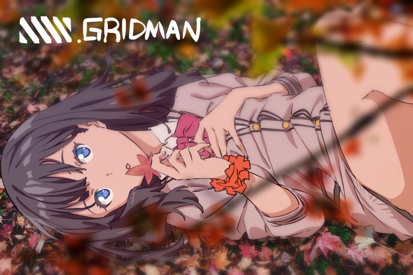 bangs black_hair blue_eyes bow cardigan commentary_request copyright_name highres kengo leaf looking_at_viewer lying on_back orange_scrunchie red_bow school_uniform scrunchie solo ssss.gridman sweater takarada_rikka white_cardigan white_sweater wrist_scrunchie